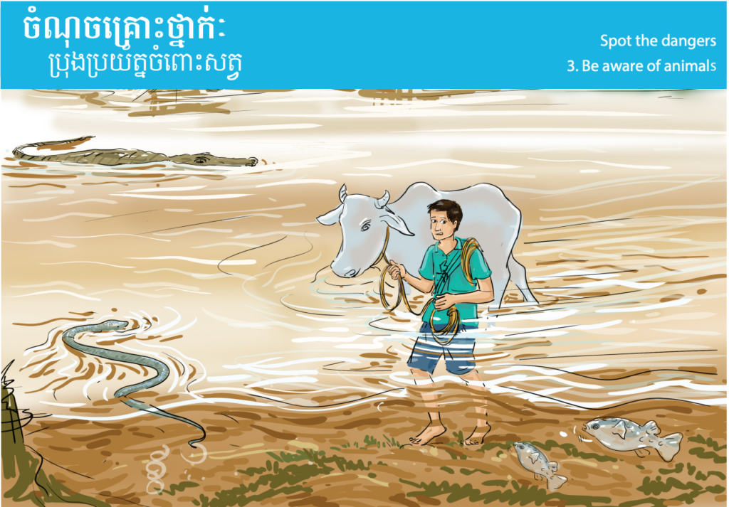 A SWIM Cambodia teaching message card to 'Be aware of animals', developed from the RNLI Aquatic Survival Programme manual developed for low resource settings. Illustration by Srey Mao.
